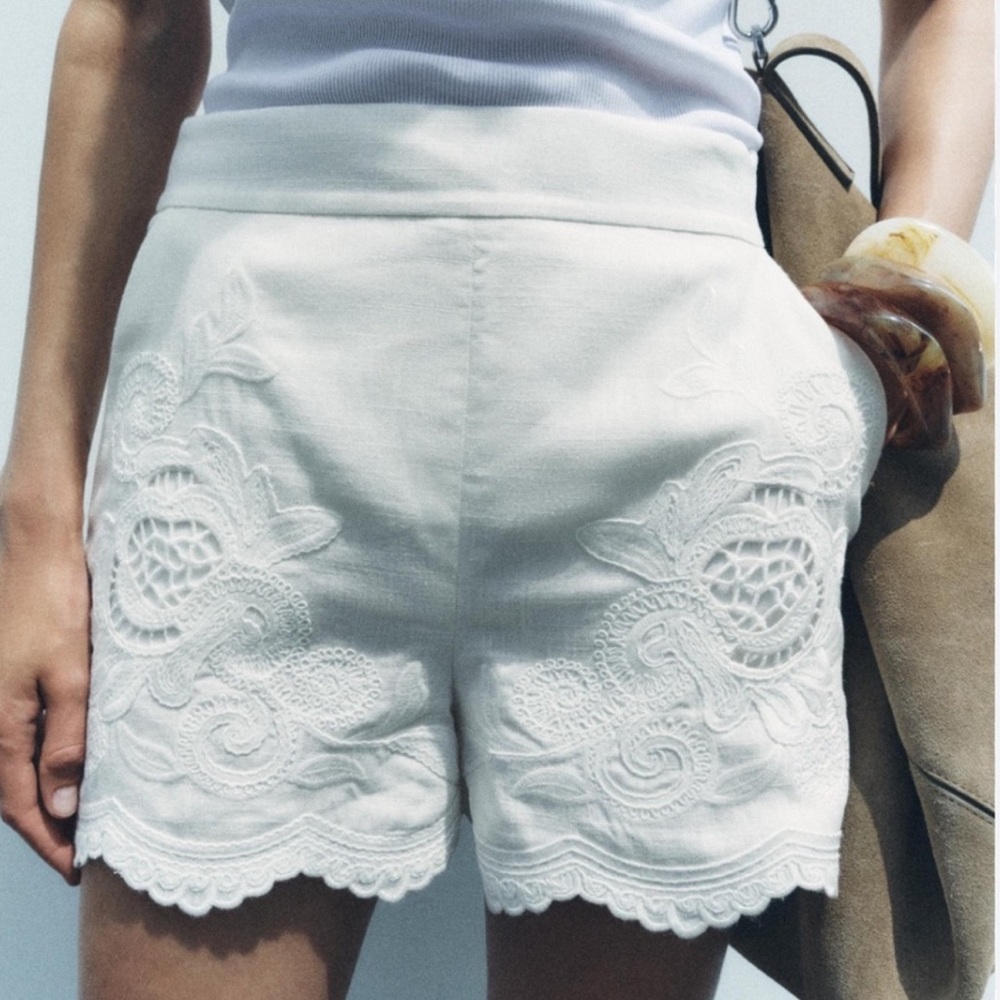 Zara White Embroidered Scalloped Linen-Blend Shorts